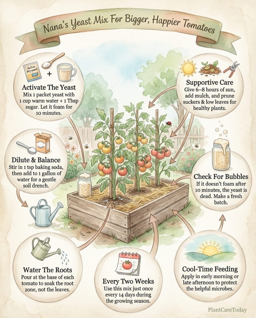 Tomato growing infographic showing yeast-based fertilizer recipe with application instructions and measurements