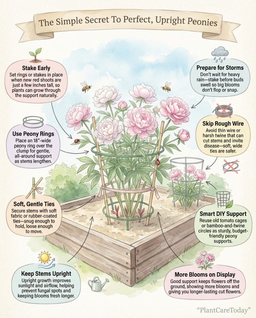 Peony support infographic showing staking methods and techniques for heavy blooms