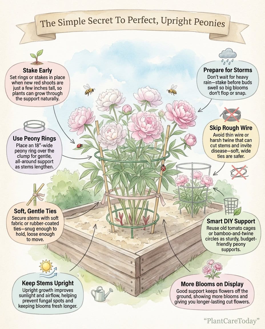 Peony support infographic showing staking methods and techniques for heavy blooms