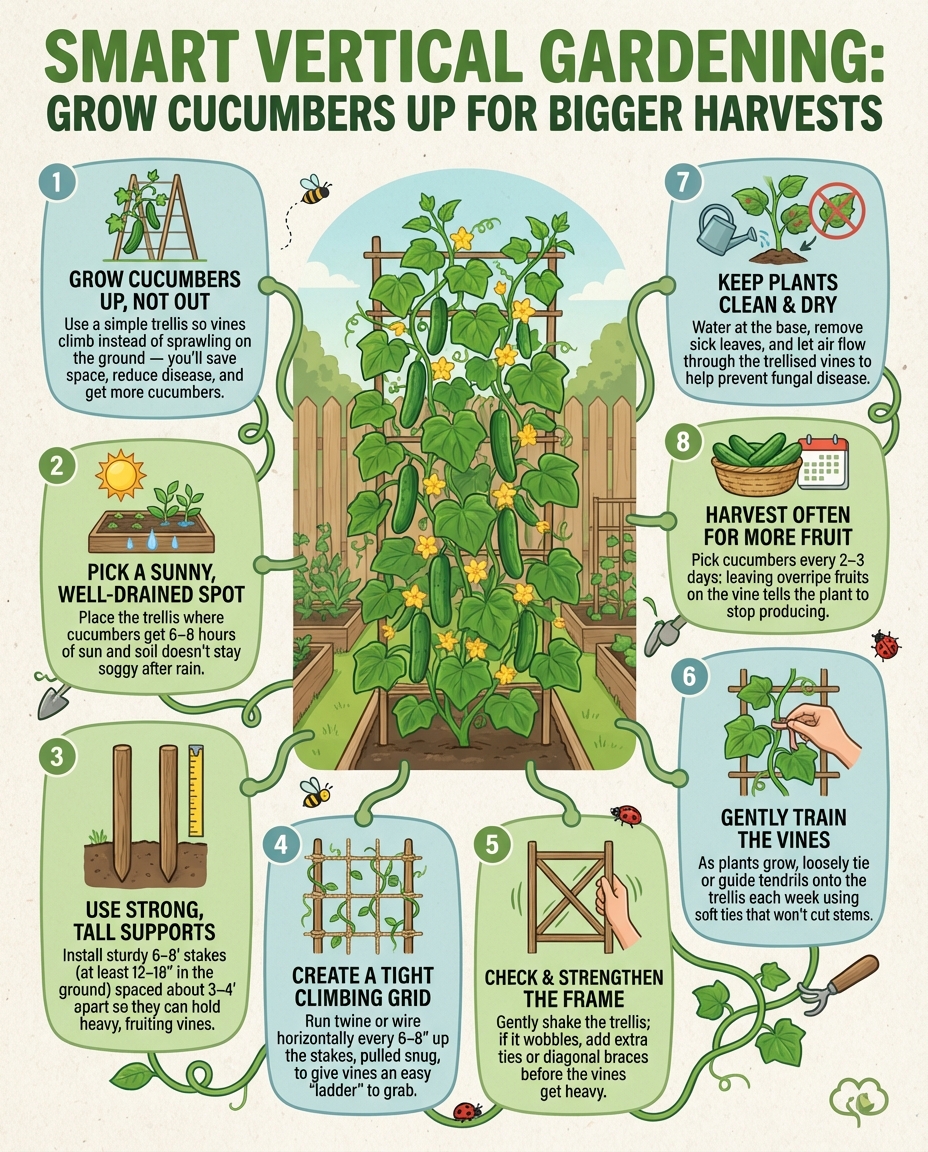 Cucumber trellis infographic showing vertical growing setup with structure diagrams and comparison photos
