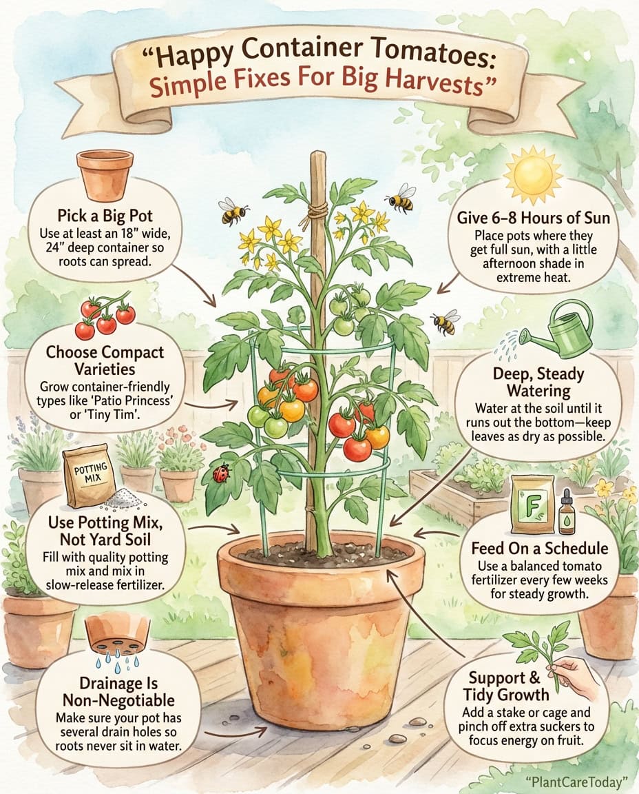Infographic displaying common container tomato growing mistakes with plant problem identification guide