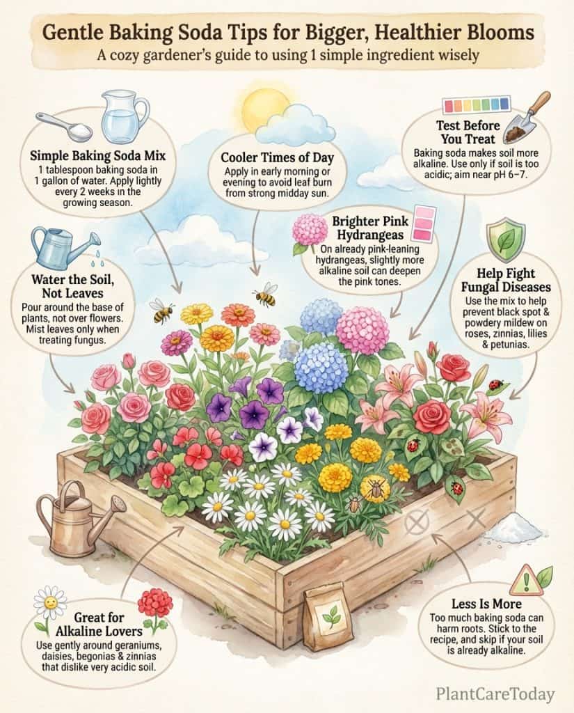 Baking soda application infographic showing treatment methods for twelve flowering plant varieties