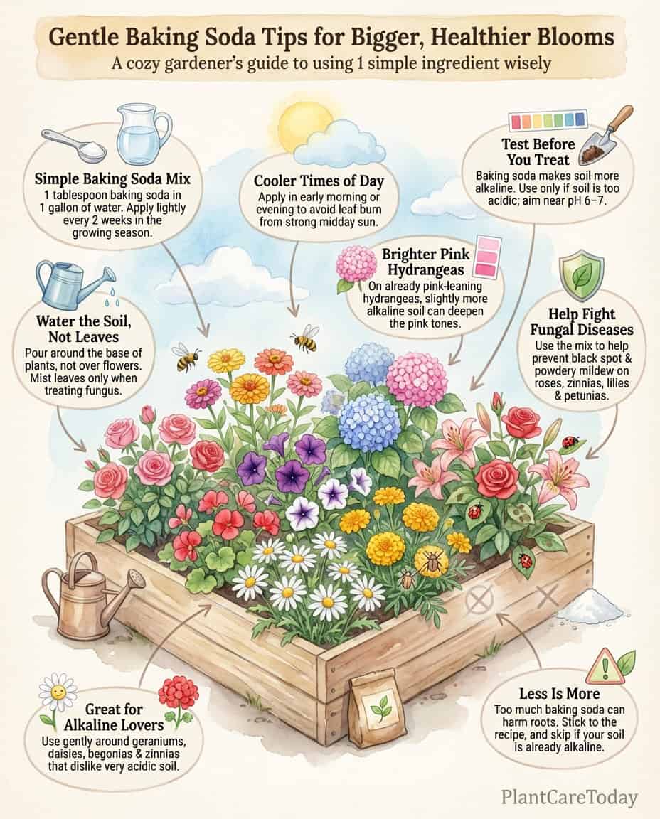 Baking soda application infographic showing treatment methods for twelve flowering plant varieties