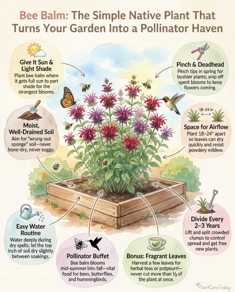 Bee balm infographic showing care requirements and pollinator benefits with plant illustrations