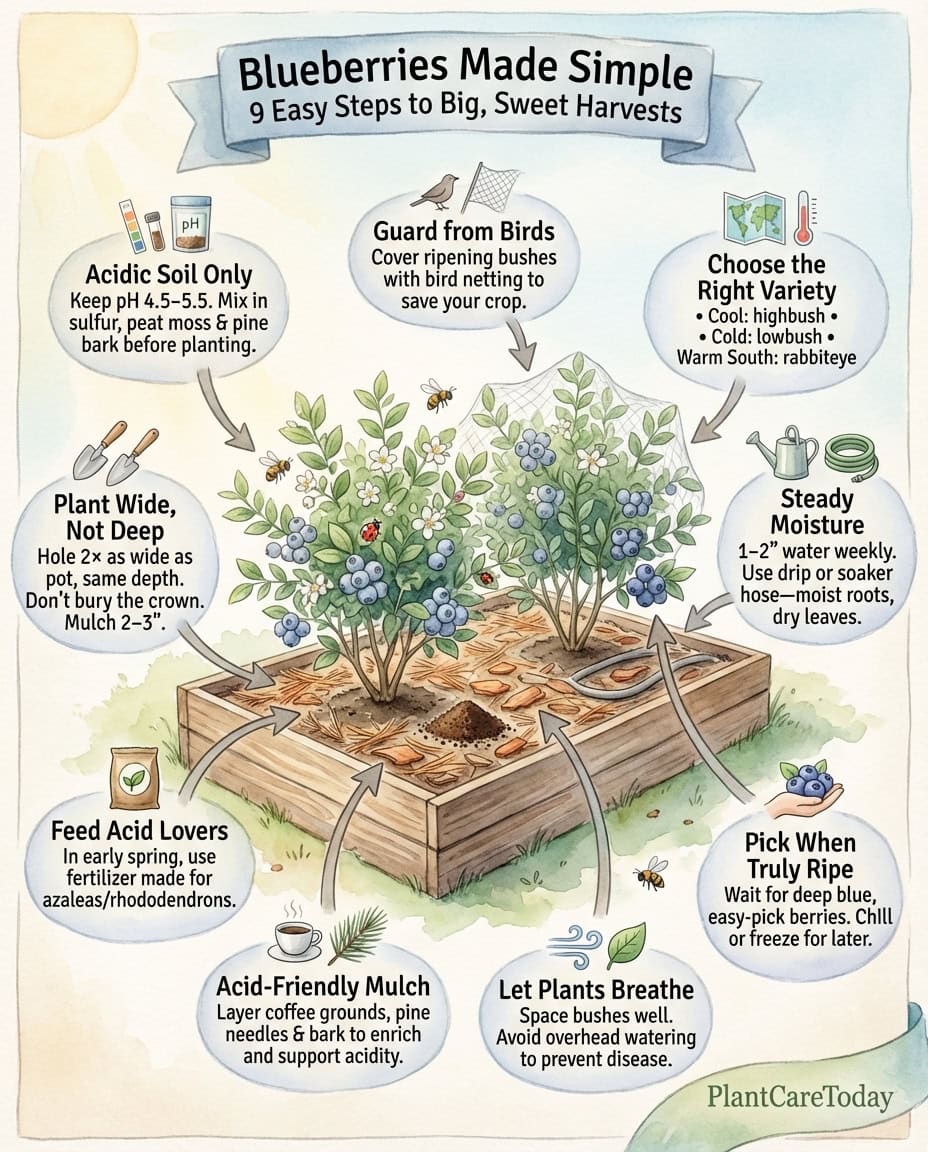 Blueberry growing infographic showing soil pH requirements and common planting errors with diagrams