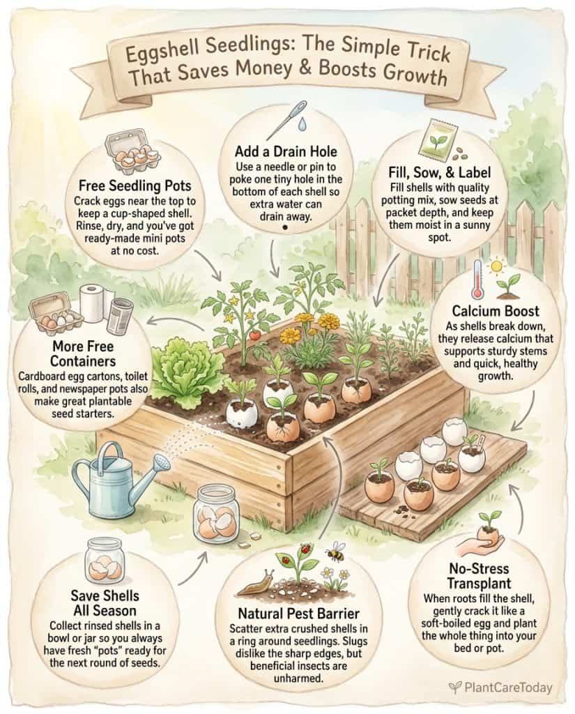 Infographic showing eggshell seed starting method with preparation steps and planting process