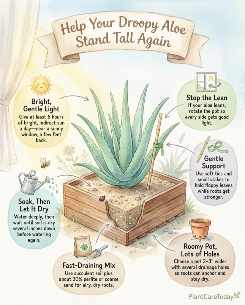 Aloe vera care infographic identifying two common mistakes causing droopy leaves with correction methods