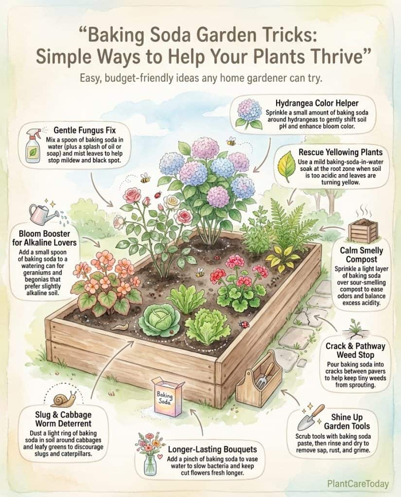 Infographic displaying eleven baking soda uses for garden plants with application methods
