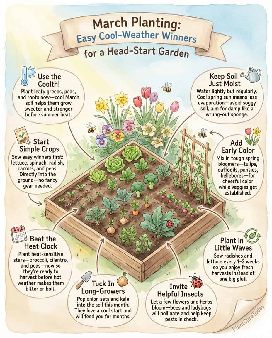 Infographic displaying twenty early spring plants with planting timeline and root development comparison