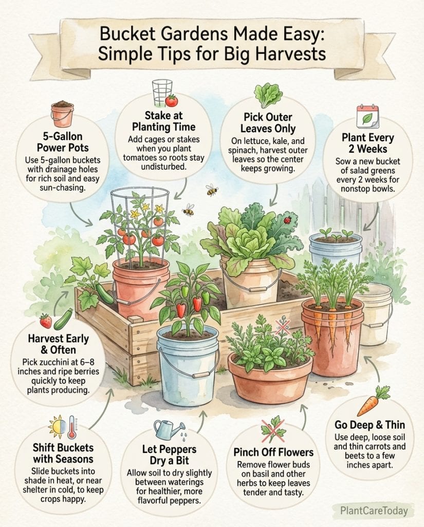 Infographic displaying container gardening setup using 5-gallon buckets with planting instructions