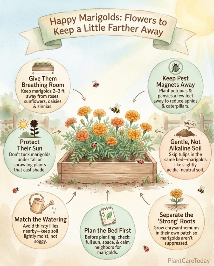 Marigold companion planting infographic showing incompatible plants with spacing and alternative pairing options