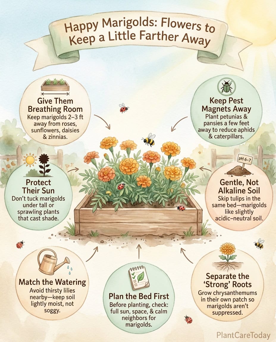 Marigold companion planting infographic showing incompatible plants with spacing and alternative pairing options