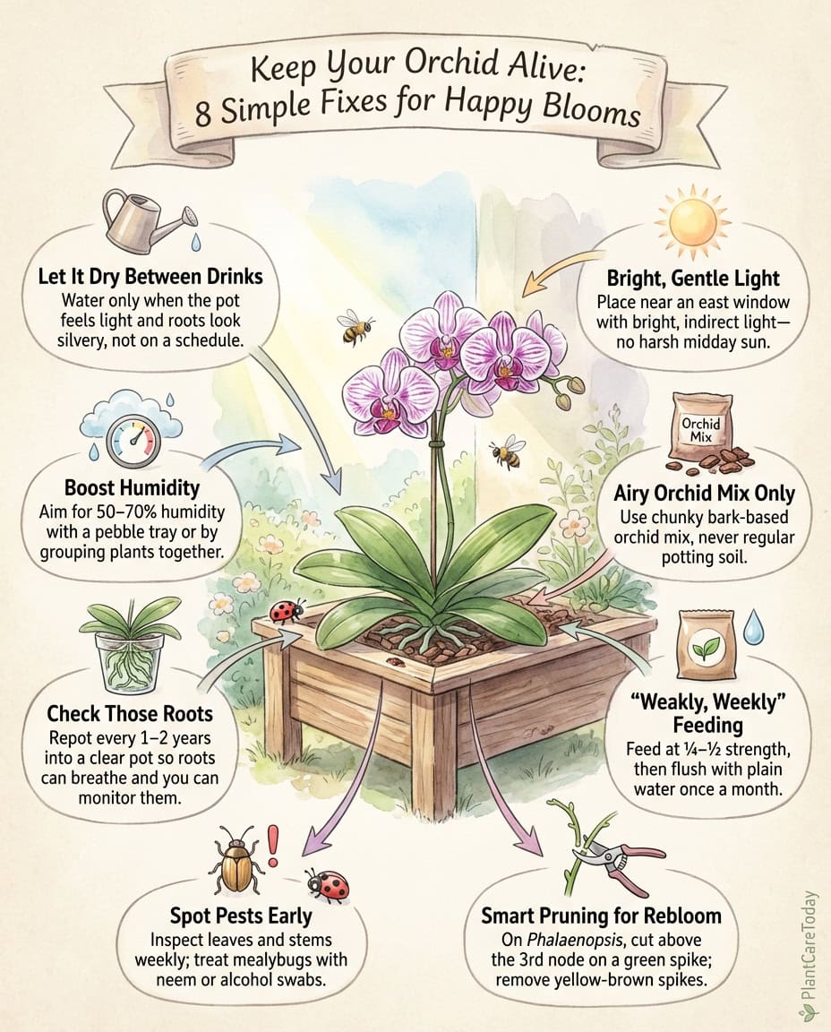 Orchid care infographic showing common overcare mistakes with plant health comparison photos