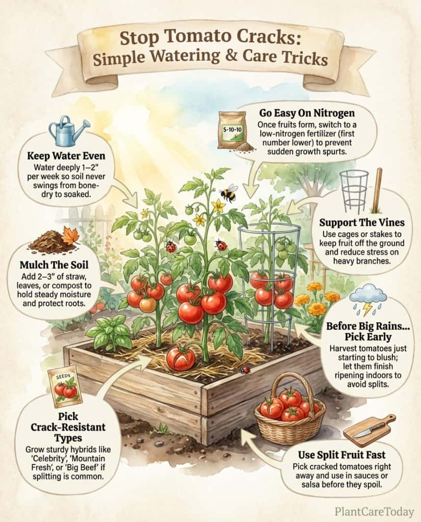 C_10689_LYPRK_tomatoes-splitting-reasons-fixes-f1 Tomato splitting prevention infographic showing moisture causes and care techniques with visual examples