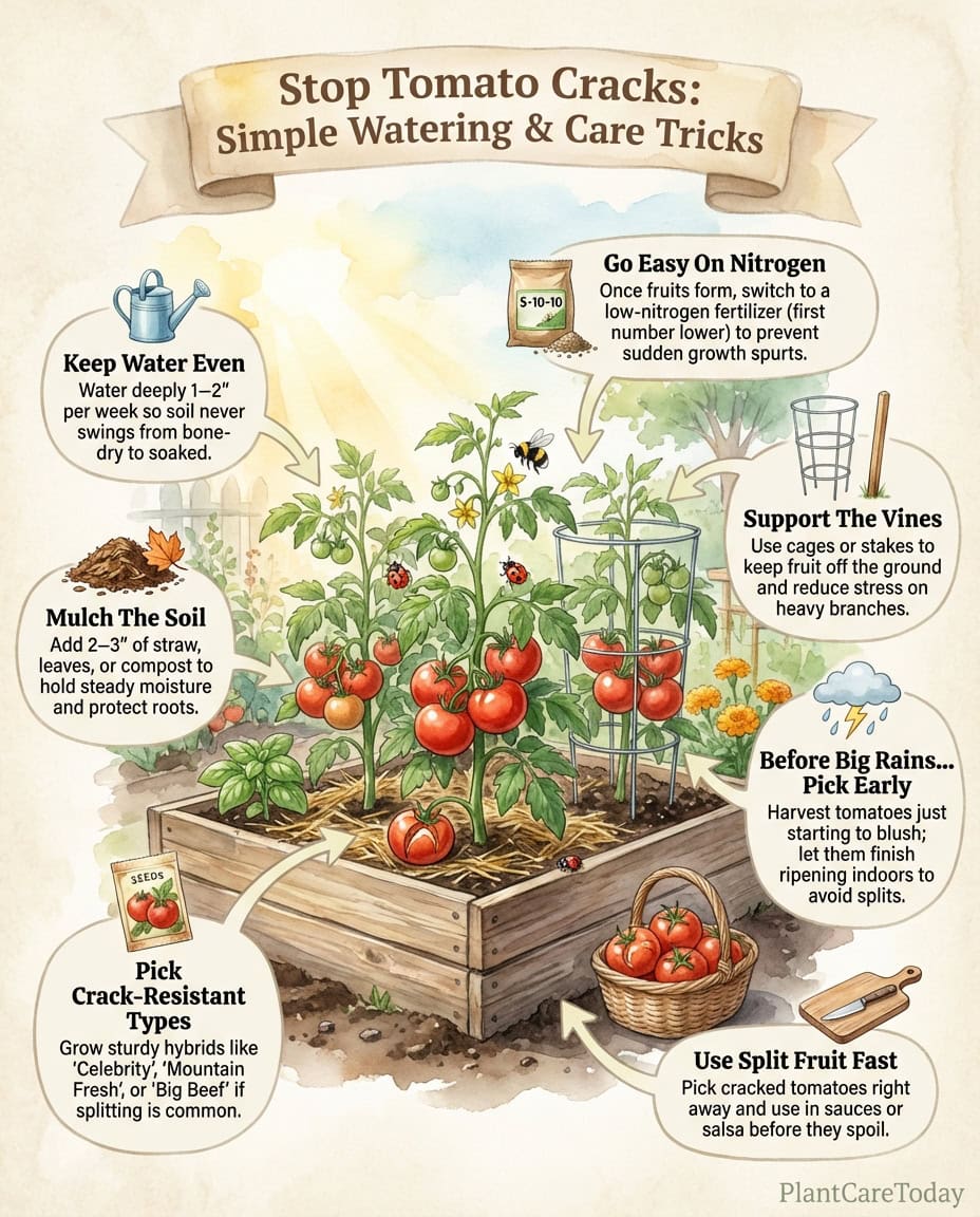 Tomato splitting prevention infographic showing moisture causes and care techniques with visual examples