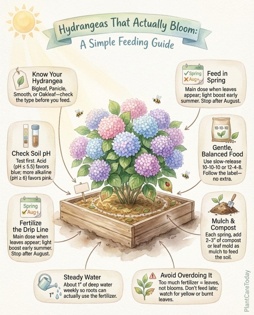 C_10690_CrgHl_hydrangea-fertilizer-trick-blooms-f1 Hydrangea fertilizing infographic showing seasonal timing schedule and pH adjustment methods