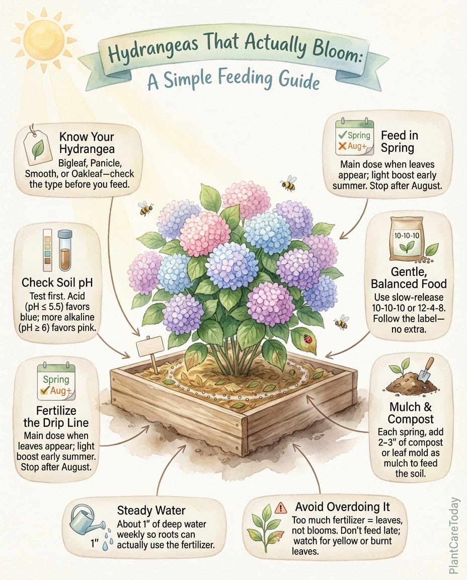Hydrangea fertilizing infographic showing seasonal timing schedule and pH adjustment methods