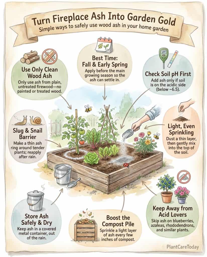 Infographic showing wood ash garden application methods for tomatoes, roses, and vegetables with safety tips