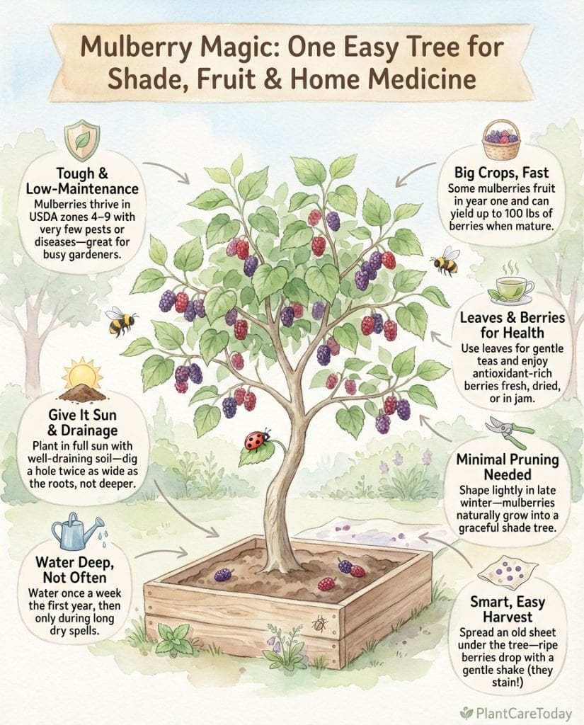 Mulberry tree infographic showing growth timeline, berry yield, and care requirements with illustrated icons