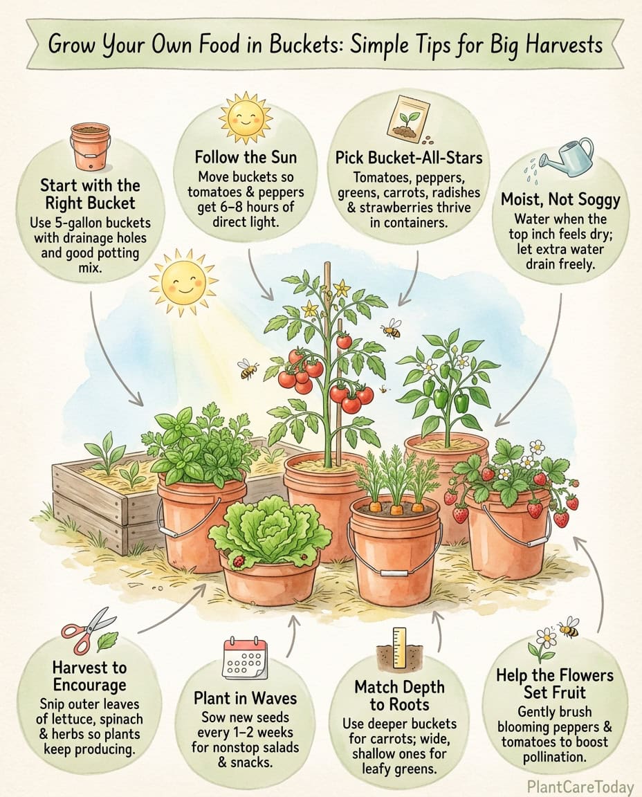 Infographic displaying bucket gardening setup steps for growing tomatoes, lettuce, and herbs in small spaces