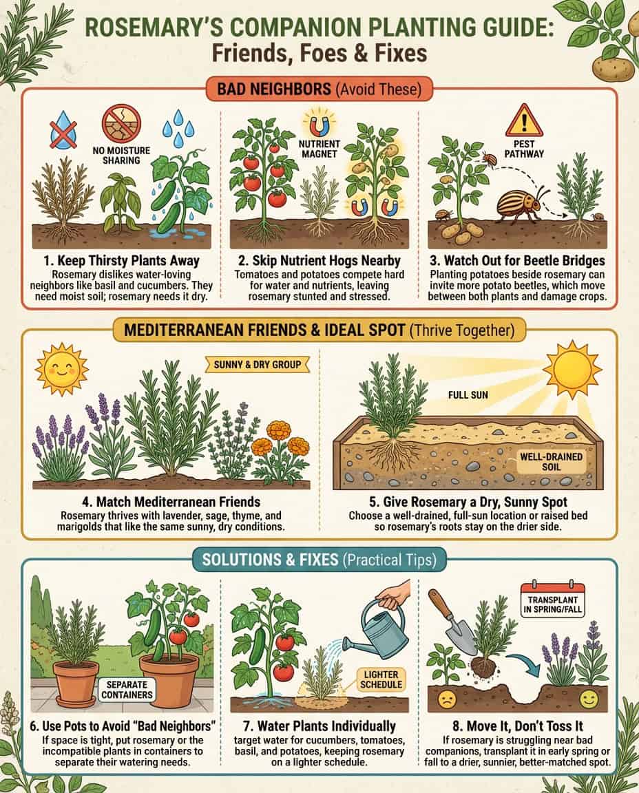 Infographic showing incompatible companion plants for rosemary with visual plant pairings to avoid