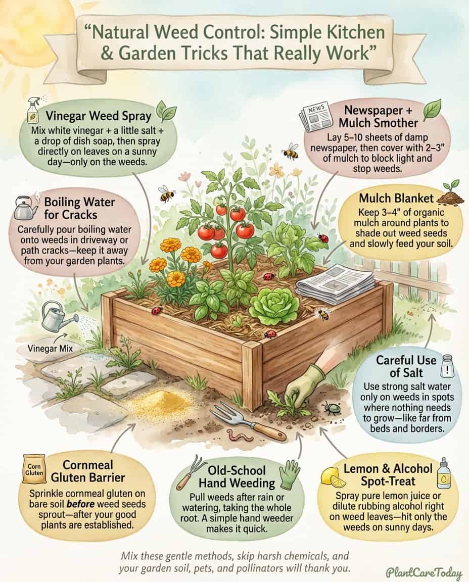 Infographic displaying nine natural weed control methods using common household items and kitchen ingredients