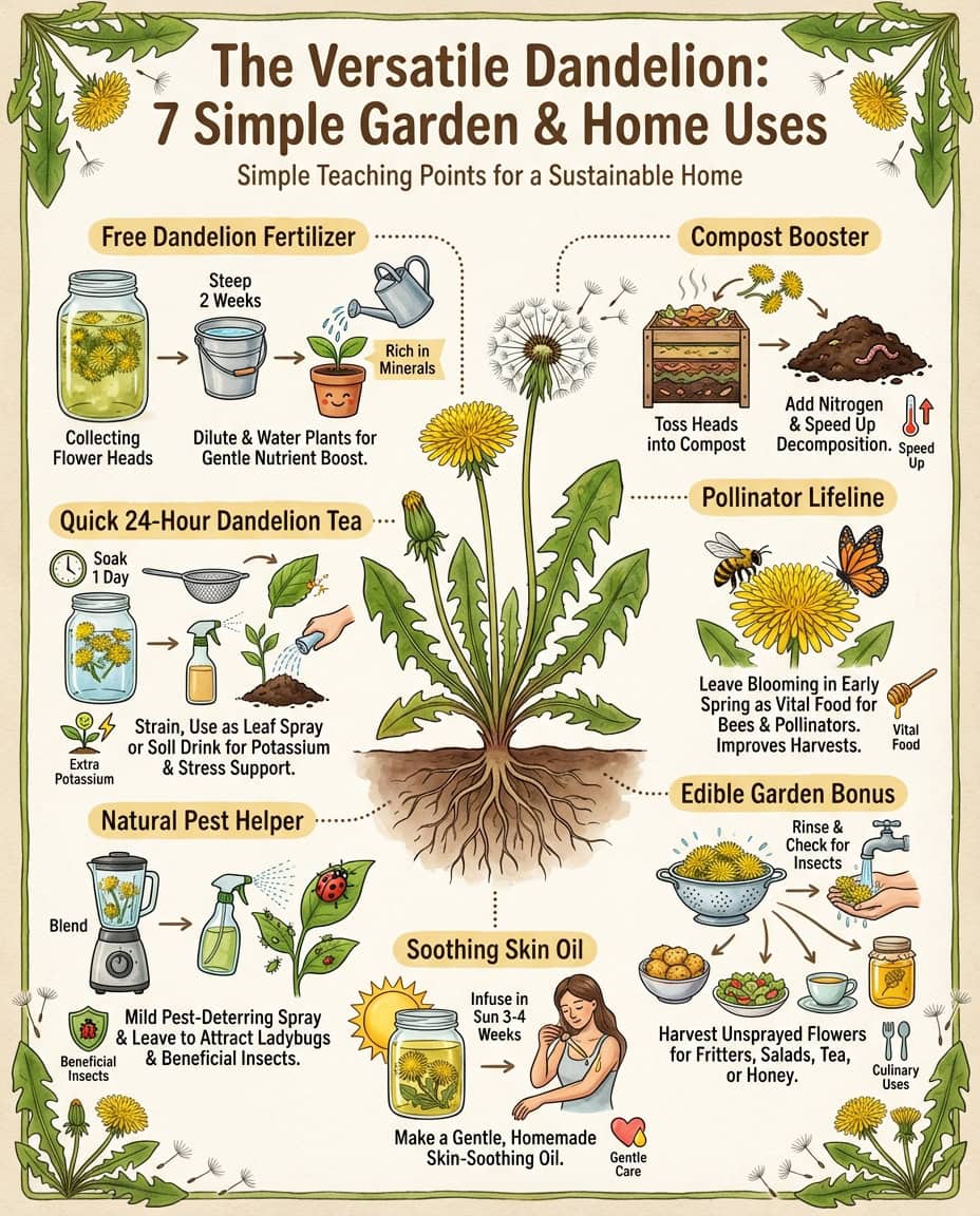 Infographic showing dandelion fertilizer preparation steps with nutrient comparison chart
