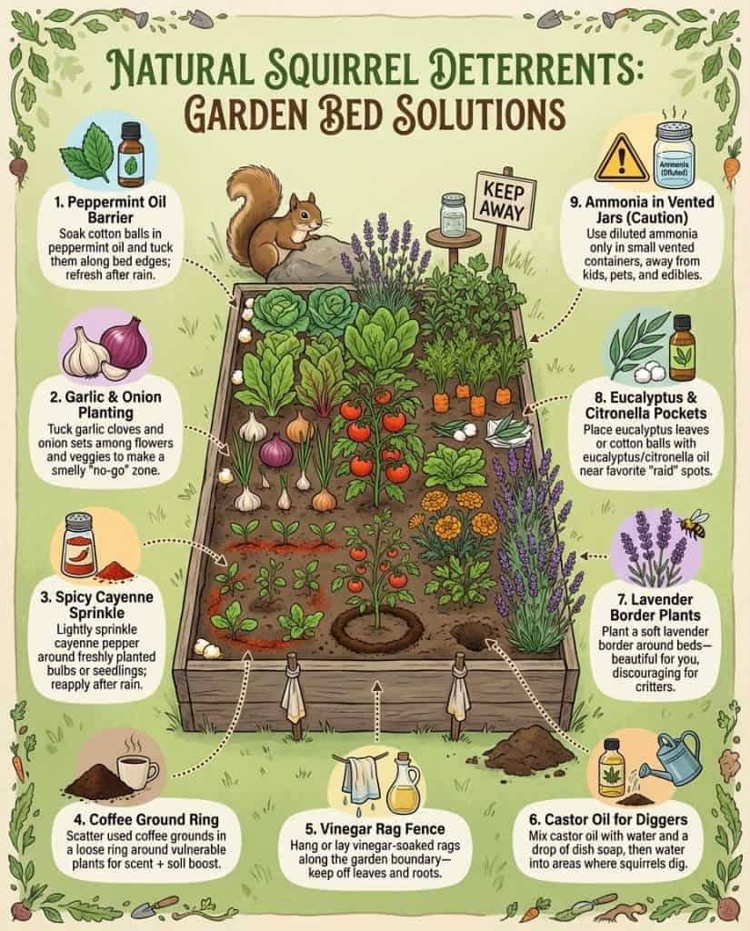 Infographic showing natural squirrel deterrent methods for protecting tulip bulbs with scent solutions