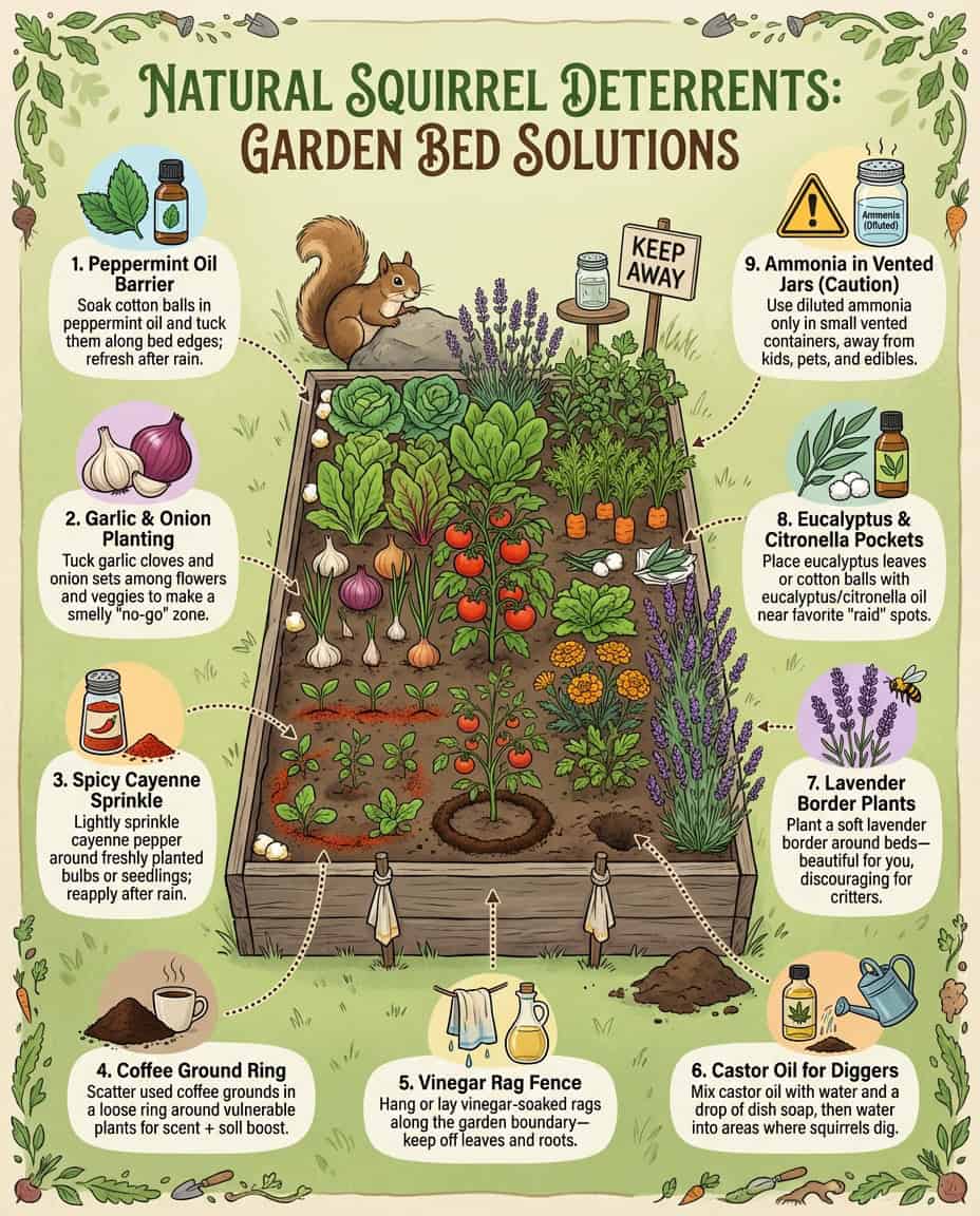 Infographic showing natural squirrel deterrent methods for protecting tulip bulbs with scent solutions