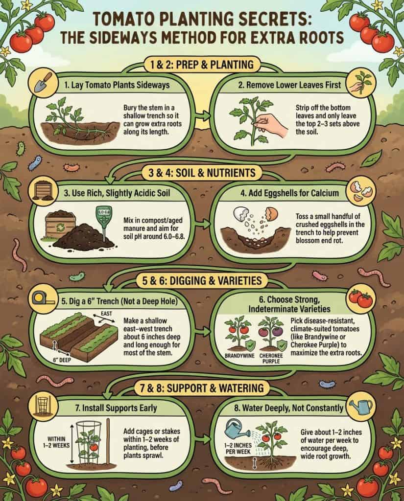 Tomato planting infographic demonstrating sideways planting technique with root system comparison diagrams