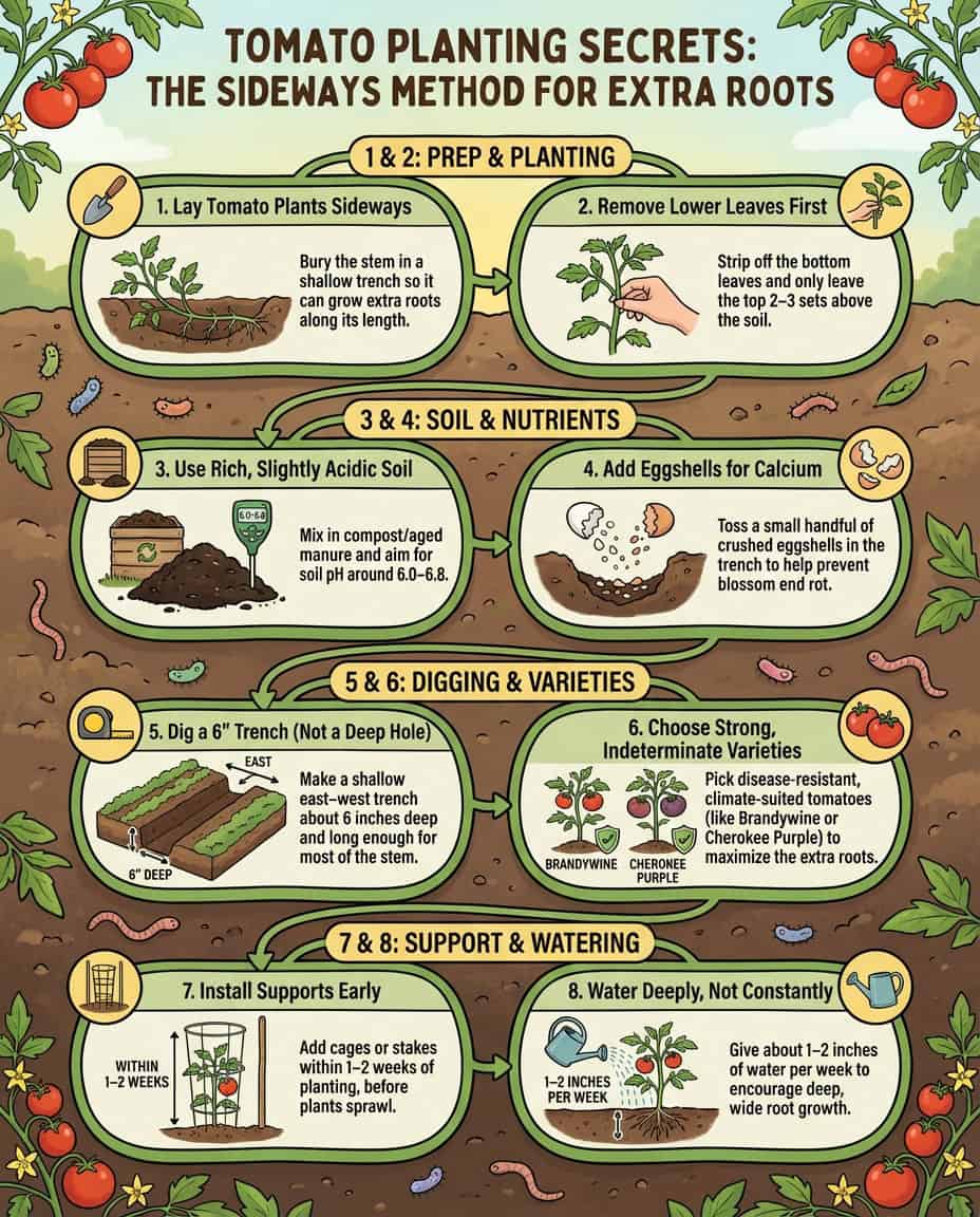 Tomato planting infographic demonstrating sideways planting technique with root system comparison diagrams
