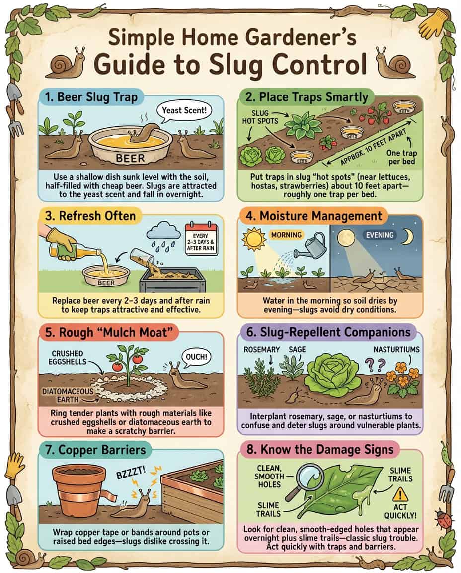 Infographic showing beer trap method for slug control with setup steps and placement diagrams
