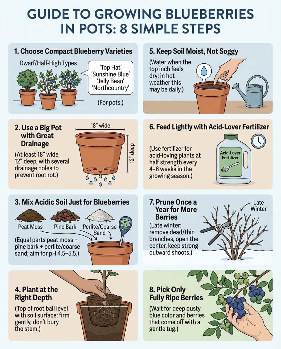 Container blueberry growing infographic showing potting setup and seven care tips for balcony cultivation