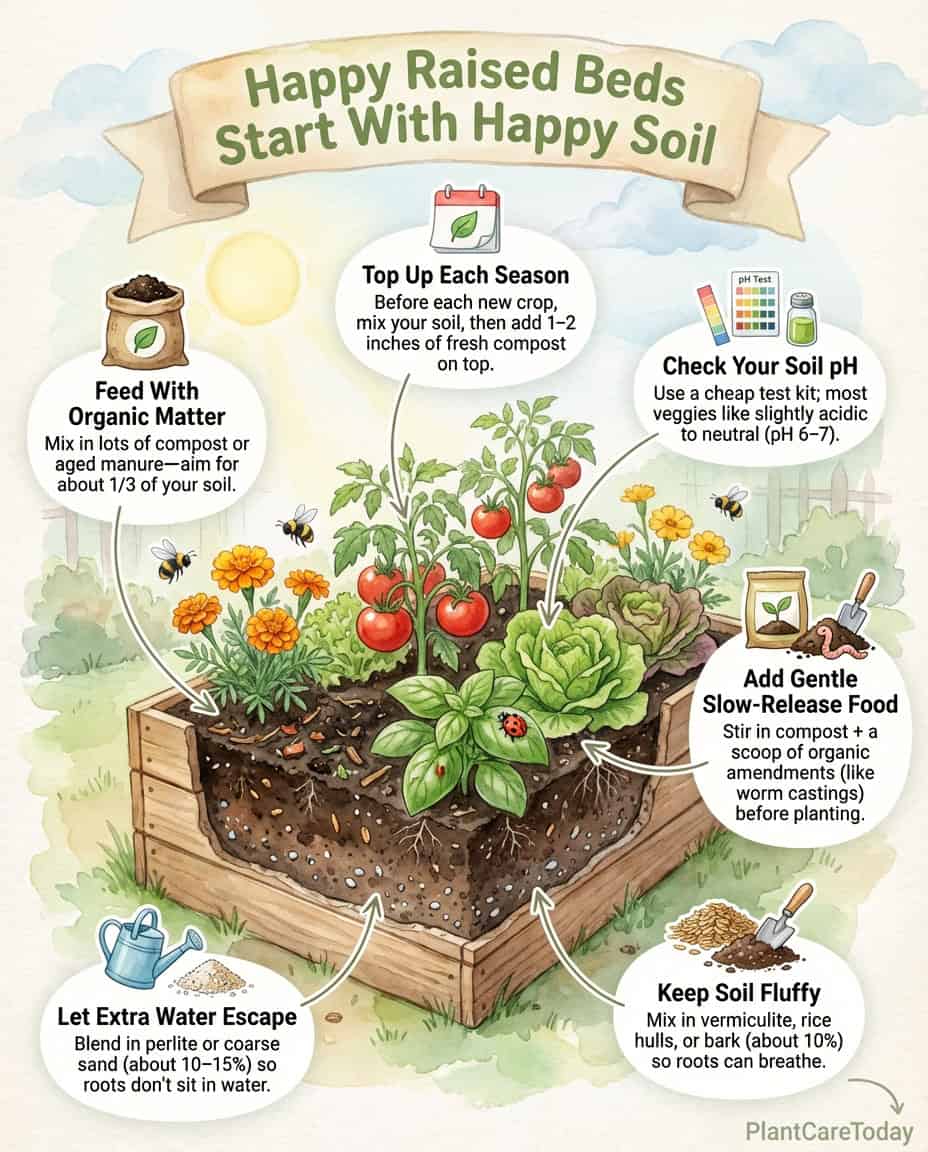 Raised bed soil infographic showing correct soil mixture ratios and common bagged soil problems