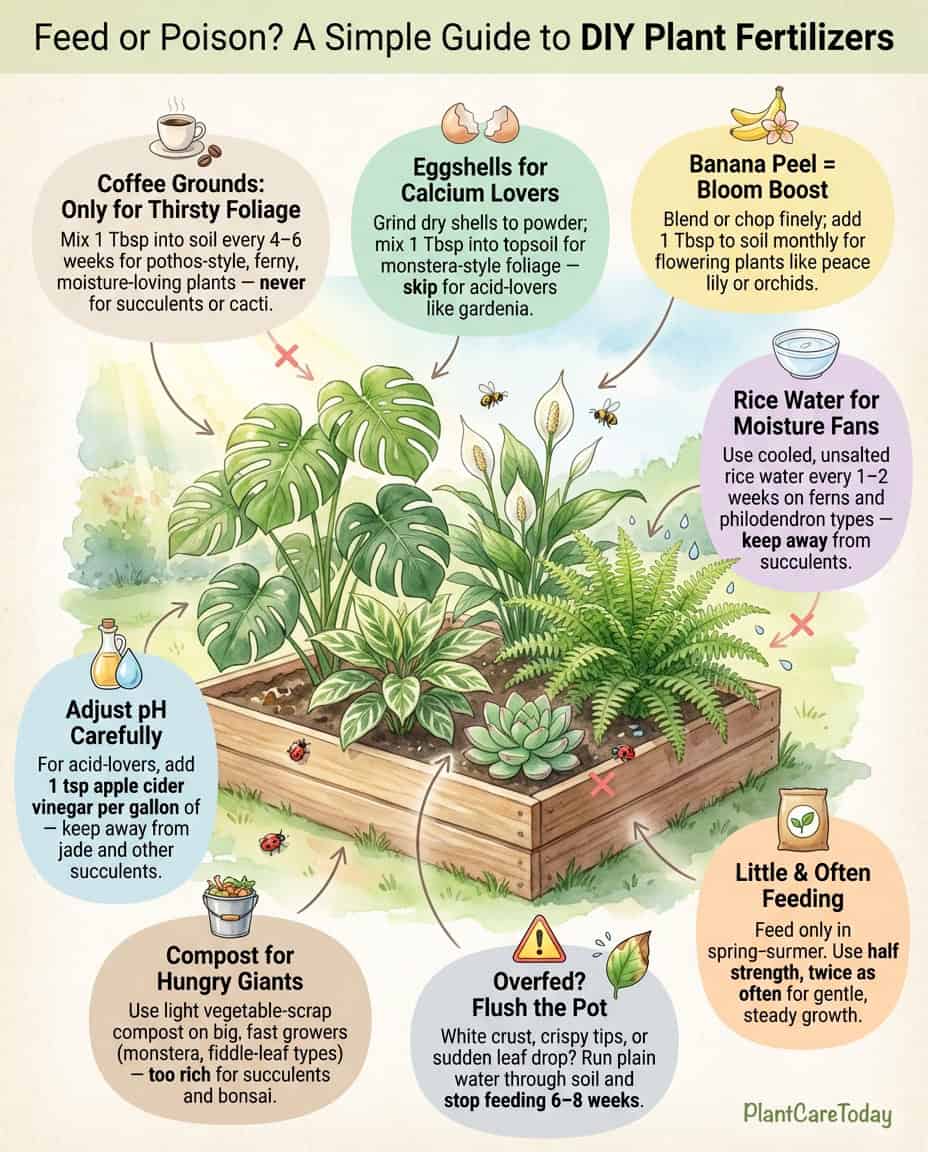 Infographic showing houseplant fertilizer matching guide with plant types and compatible feeding methods