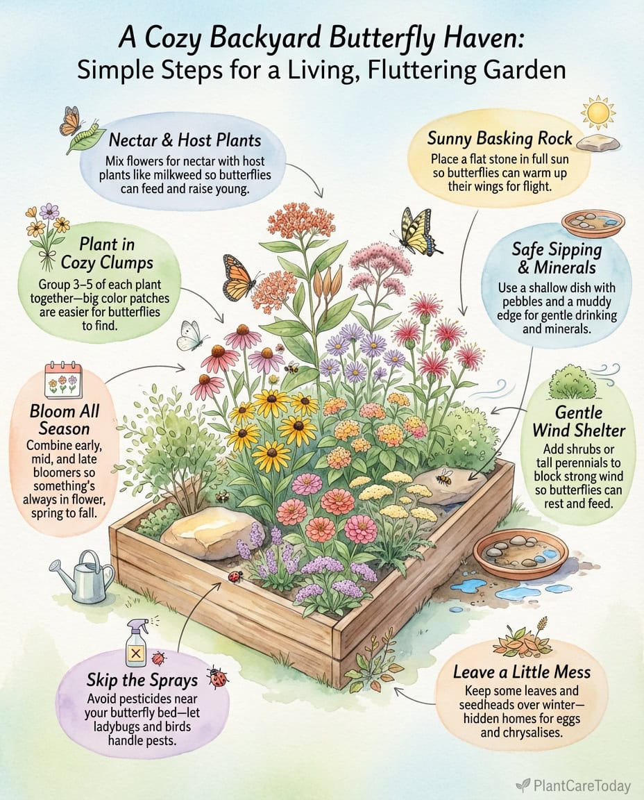 Infographic showing butterfly host plants versus nectar plants with caterpillar life cycle stages