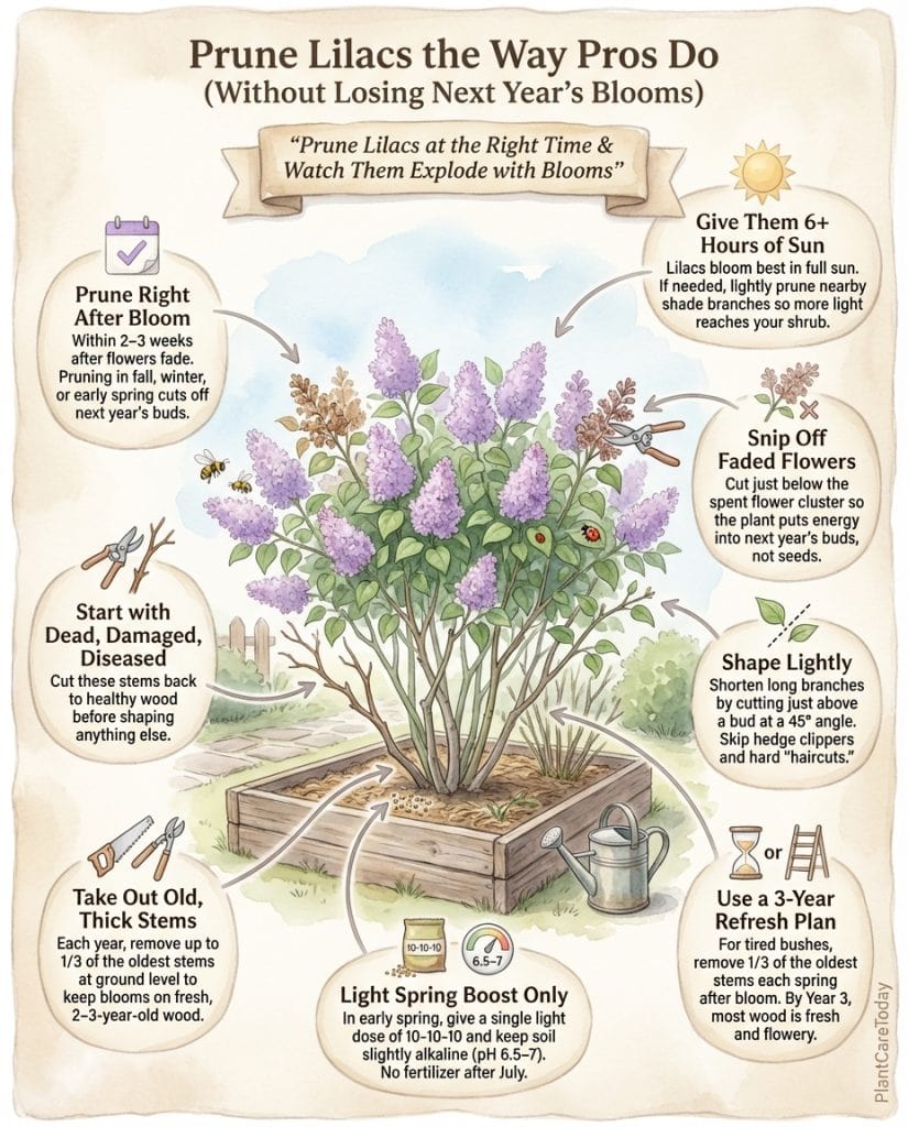 C_10740_0bJ8i_lilac-pruning-timing-secrets-f1 Lilac pruning timeline infographic showing correct and incorrect pruning periods with bloom impact