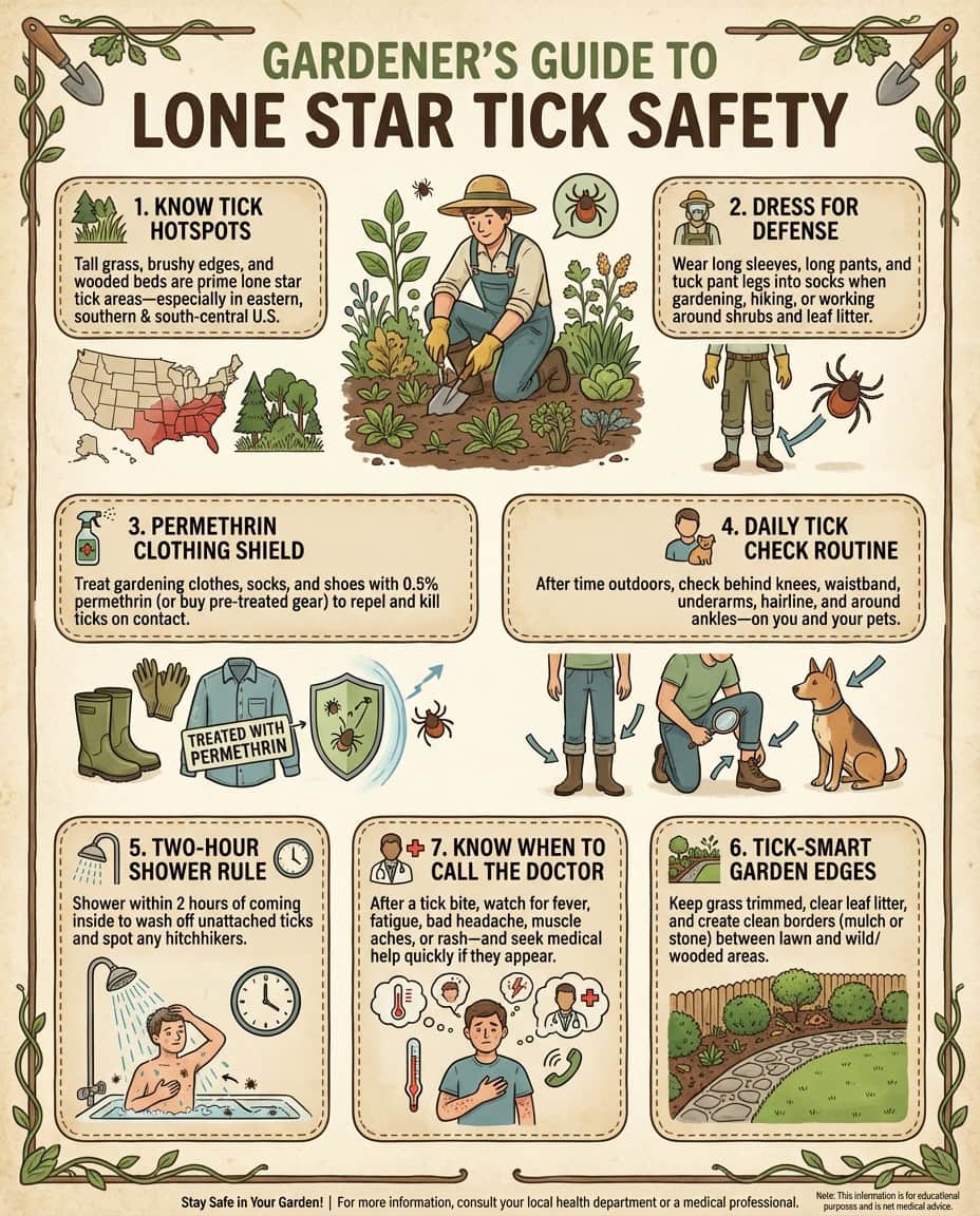 Infographic showing lone star tick identification and three prevention methods for gardeners