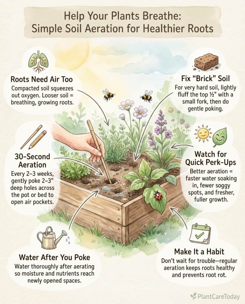 Infographic showing chopstick soil aeration technique for compacted houseplant soil with step diagrams