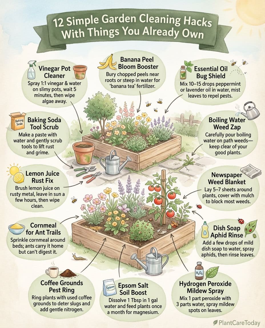Infographic displaying twelve household pantry items for garden use with application icons