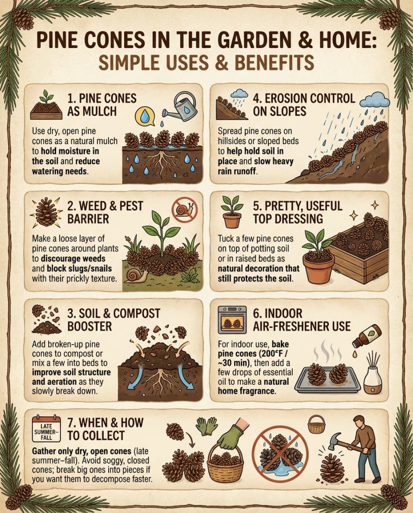 Pine cone mulch infographic showing garden bed application methods and soil benefits diagram