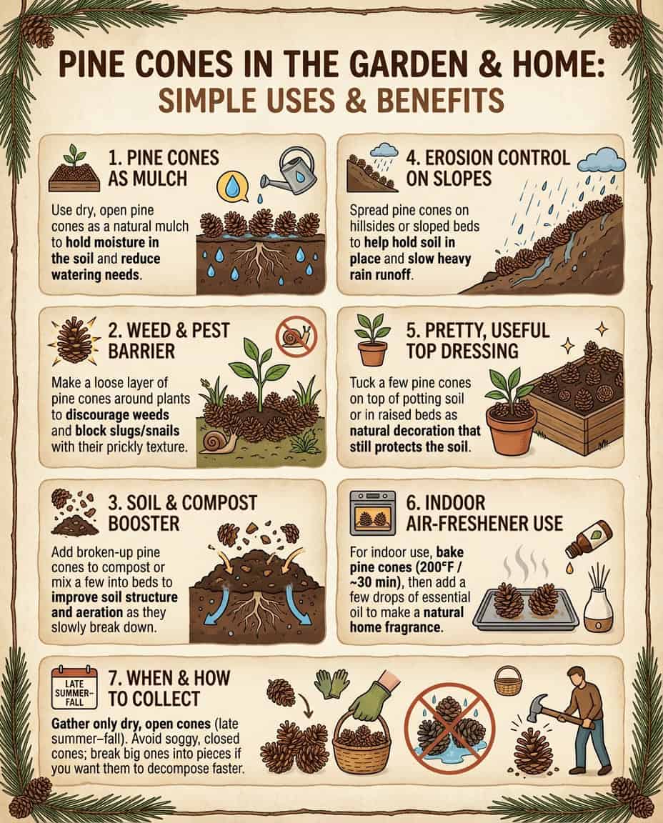 Pine cone mulch infographic showing garden bed application methods and soil benefits diagram
