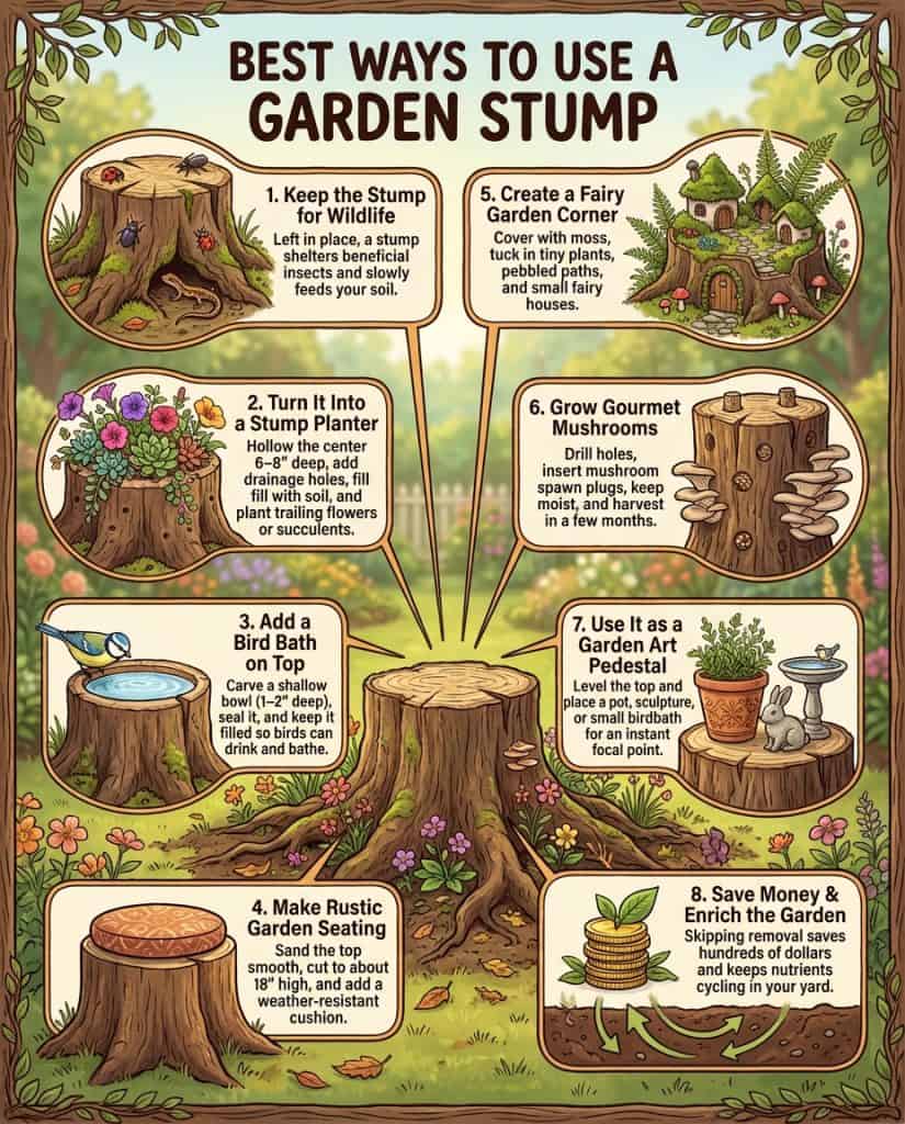 Tree stump gardening infographic showing creative repurposing ideas with illustrated examples
