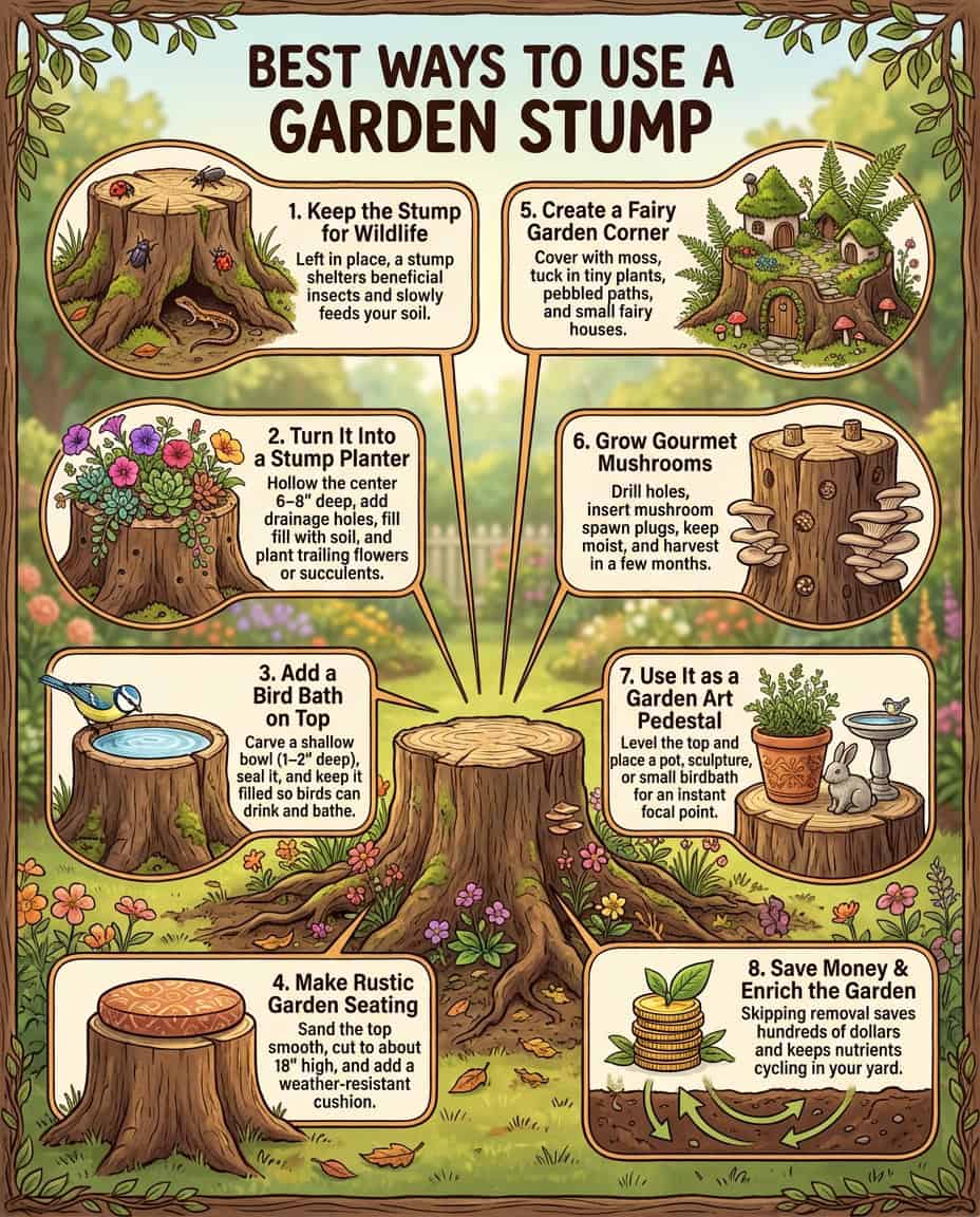 Tree stump gardening infographic showing creative repurposing ideas with illustrated examples