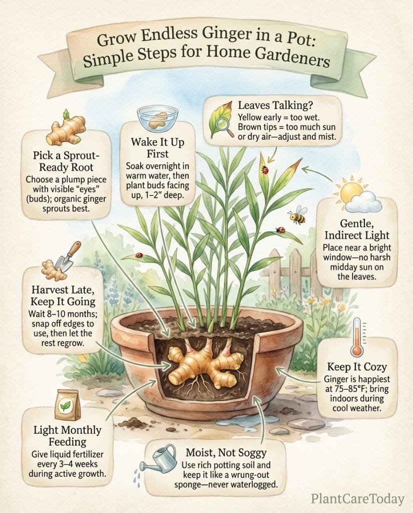 Ginger propagation infographic showing windowsill growing steps from store-bought root to harvest