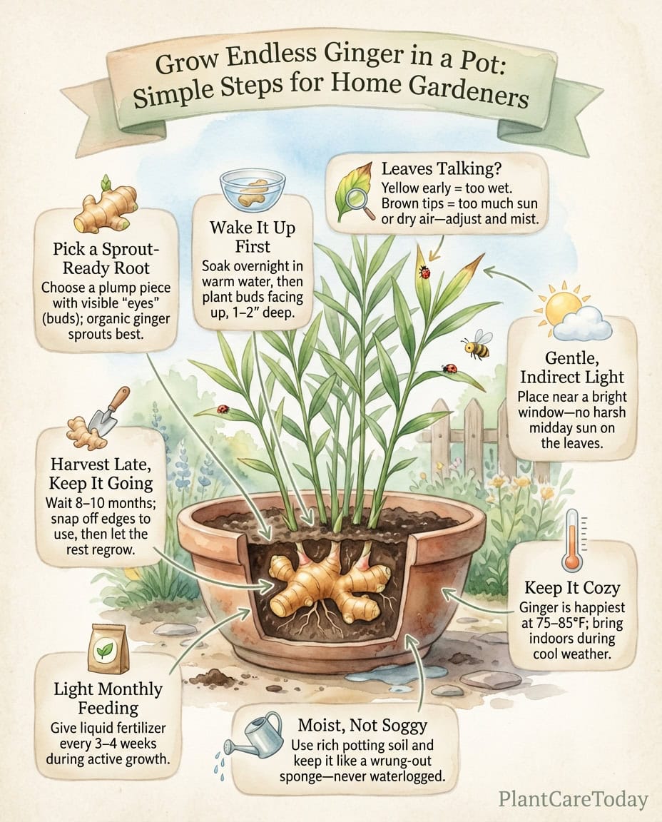 Ginger propagation infographic showing windowsill growing steps from store-bought root to harvest