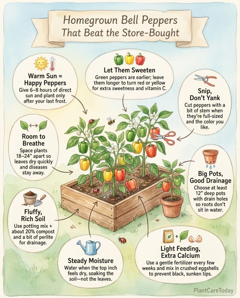 C_10763_sieA8_homegrown-peppers-better-taste-f1 Infographic displaying bell pepper growing steps and care requirements for container gardening