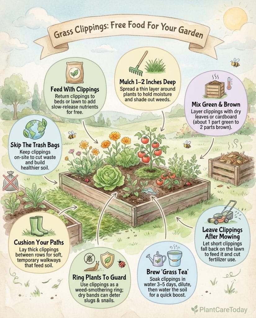 Infographic comparing grass clippings nutrient content to commercial fertilizers with percentage breakdown