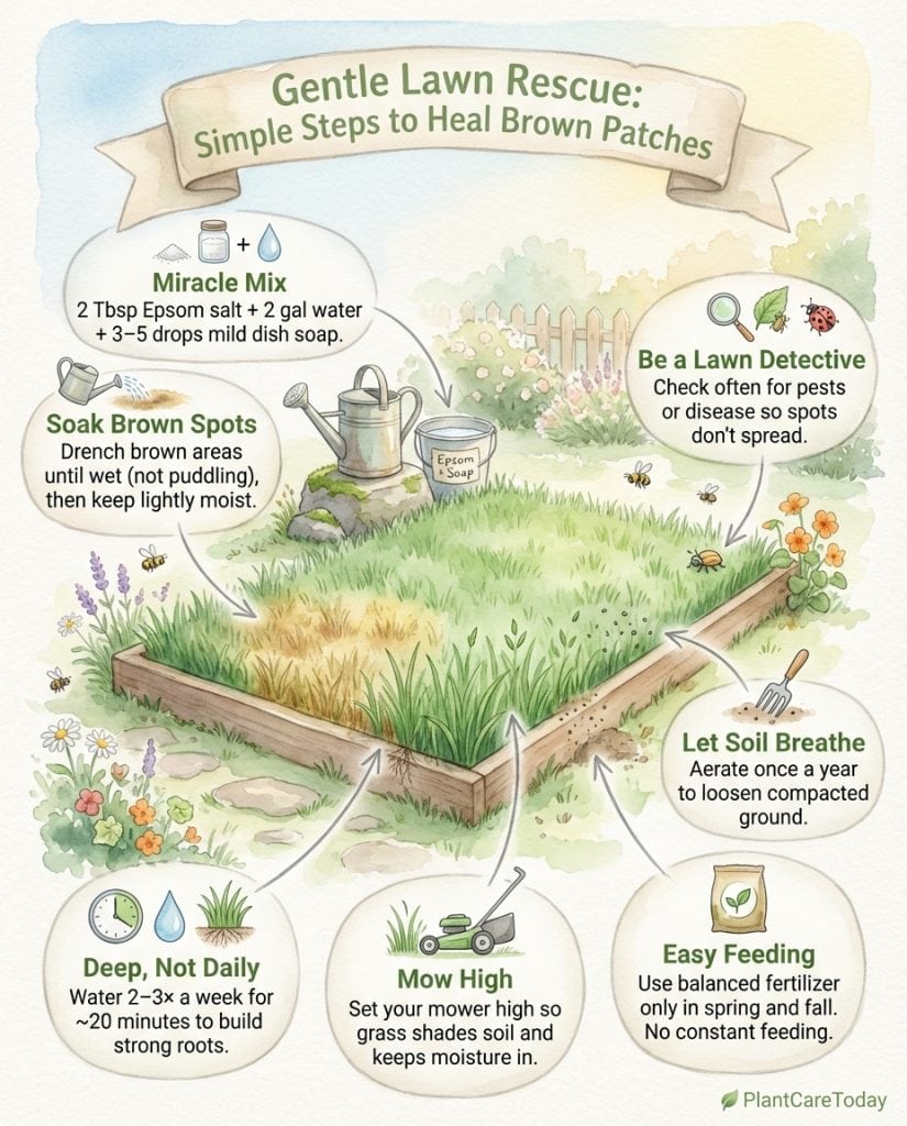 C_10770_DoFVI_epsom-salt-brown-lawn-fix-f1 Lawn care infographic showing Epsom salt and dish soap mixture application steps with grass treatment diagram