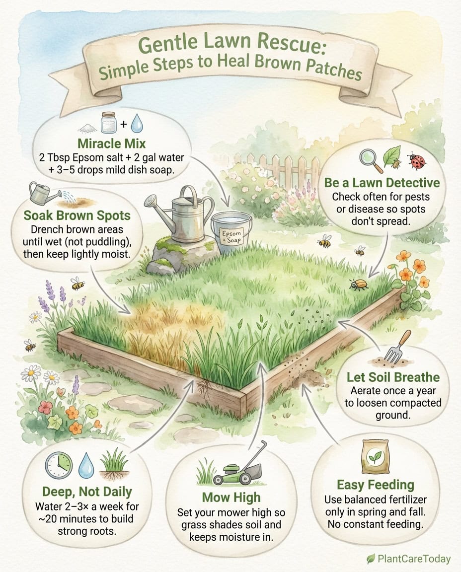 Lawn care infographic showing Epsom salt and dish soap mixture application steps with grass treatment diagram